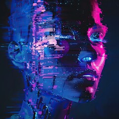 A glitch art portrait of a robotic face with fragmented pixels and neon blue and pink highlights