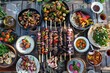 © Anatolii Rymarchuk - Turkish Food. Middle Eastern Dinner Table with Grilled Lamb Kebab, Chicken Skewers, and Traditional Appetizers