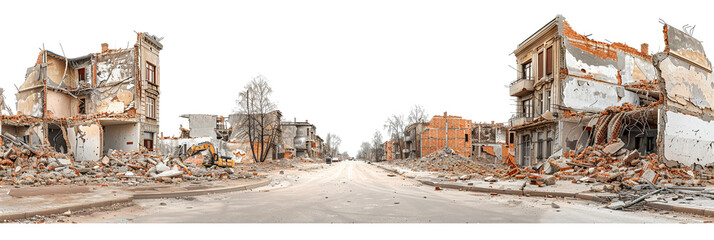 Ruins of buildings on transparent background urban destruction scene