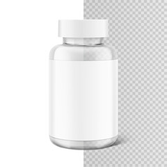 Clear eye catching pill bottle with label mockup for treats, vitamins, supplements isolated on white and transparent background. Vector illustration. ready for your design. EPS10.	