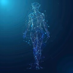 Poster - A digital human body, rendered as a wireframe, walks across a blue background. Generative AI