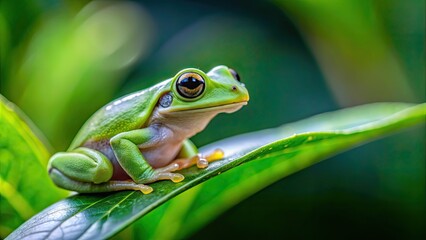 Sticker - Close up of a tiny green frog perched on a plant leaf in a garden, frog, green, nature, wildlife, garden, amphibian, small