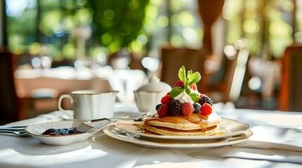 Wall Mural - Gourmet pancakes served for breakfast in a luxury