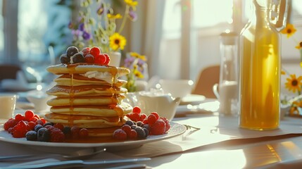 Wall Mural - Gourmet pancakes served for breakfast in a luxury picture