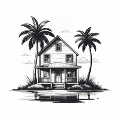 Wall Mural - black and white vector illustration of tropical house
