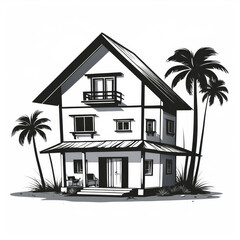 Wall Mural - black and white vector illustration of tropical house
