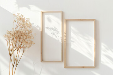Poster - vertical minimalistic light wooden frames on white background, mockup template, soft warm studio lighting, flat lay view from above