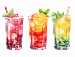 Poster - Hand drawn watercolor summer cocktails isolated on white background