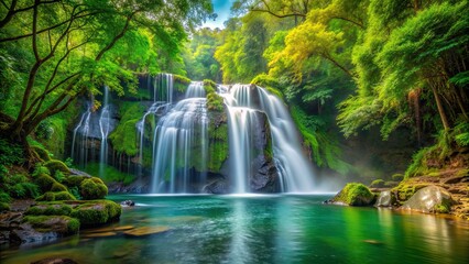 Canvas Print - A stunning waterfall in a lush forest setting , nature, scenic, landscape, waterfall, foliage, beauty, serene