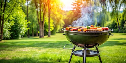 Wall Mural - Large smoking charcoal grill ready for summer feast, festive outdoor gathering with delicious BBQ and good times