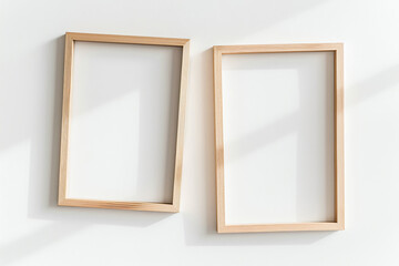 Poster - minimalistic light wooden frames mockups on white background, top view, soft lighting, flat lay, high resolution photography, hyper realistic