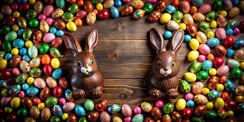 Poster - Easter bunnies surrounded by colorful chocolate eggs, Easter, bunnies, chocolate, eggs, holiday, treats, sweets, spring