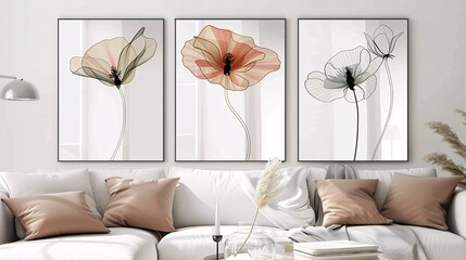 Fototapete - A set of three modern art posters showcasing a continuous line art flower design on a clean white background, perfect for a chic and contemporary decor