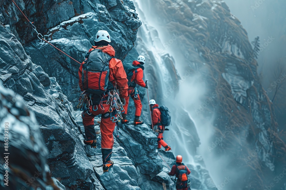 Emergency responders wearing helmets and red gear ascend a steep ...