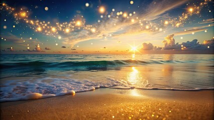 Sticker - Serene beach scene with softly glowing particles in the background, beach, peaceful, serene, tranquil, ocean, sand, shore