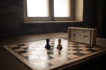 Wall Mural - Chess board game concept of business ideas and competition and strategy ideas concep. Chess figures on a dark background with smoke and fog. Selective focus