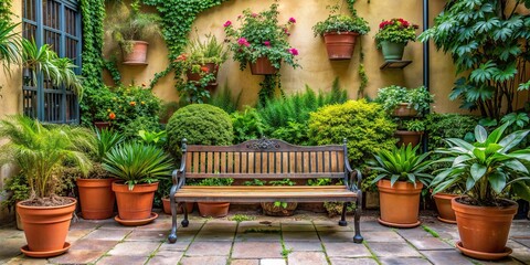 Wall Mural - Outdoor bench surrounded by lush green potted plants in a courtyard setting, courtyard, bench, plants, greenery, outdoor