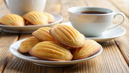 Sticker - Petite madeleine on plate with cup of coffee in background, food, dessert, sweet, french, pastry, delicious, baked