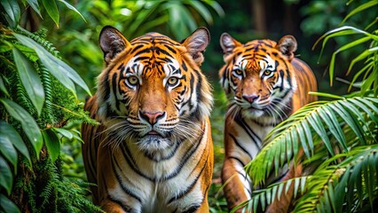 Wall Mural - tigers stealthily moving through thick foliage in a dense jungle , tiger, wildlife, predator, animal