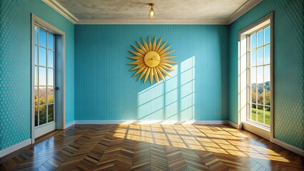 Canvas Print - Faded azure room with retro sun hints , nostalgia, retro, sun, faded, azure, room, charm, vintage, old, wallpaper, decor, interior