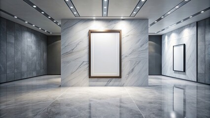 Poster - Sleek exhibition room with empty frame on Bianco Lasa marble floor, exhibition room,empty frame, Bianco Lasa marble