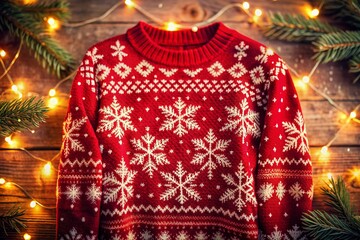 Poster - Vibrant red sweater scattered with delicate snowflakes, warmly lit, conveys festive cheer, capturing the magic of a snowy winter wonderland atmosphere.