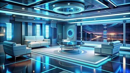 Wall Mural - Futuristic room with holographic displays and sleek furniture, futuristic, room, holographic, displays, sleek, furniture