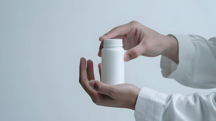 Canvas Print - a male hand grabbing with his index and thumb a small pill bottle, pill bottle mockup,