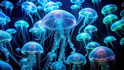 Sticker - Bioluminescent jellyfish glowing in the dark ocean , Underwater, marine life, bioluminescence, jellyfish, glowing