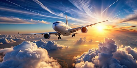 Wall Mural - Airplane flying high in the sky, airplane, aircraft, aviation, travel, transportation, jet, flight, sky, clouds, aerial