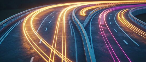  large asphalt road with yellow and pink vehicle light strips