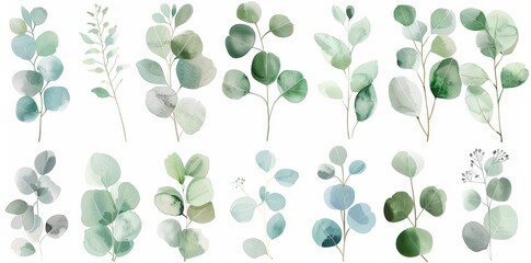 Wall Mural - Watercolor illustration set of green leaves for wedding stationary, greeting cards, wallpapers, fashion, and background. Eucalyptus, olive, green leaves, etc.