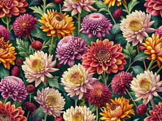 Wall Mural - Vibrant chrysanthemum blooms cascade in a repeating digital pattern, blending traditional and modern elements, perfect for textiles, wallpapers, and design projects seeking natural elegance.