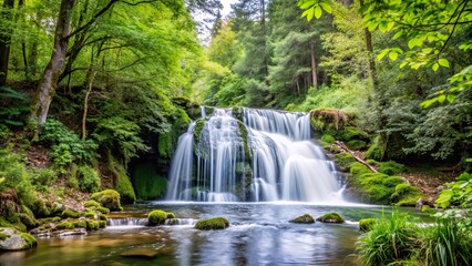 Sticker - Serene forest waterfall surrounded by lush trees and flowing water, waterfall, forest, serene, trees, lush, nature