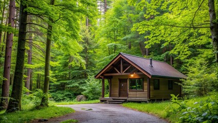 Wall Mural - Secluded cabin nestled in a peaceful forest setting , tranquility, getaway, relaxation, nature, retreat, cozy, isolated