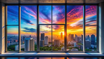 Wall Mural - A window with a view of a colorful sunset in the city, sunset, cityscape, view, sky, evening, urban, architecture, glass