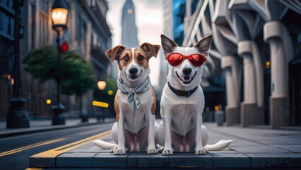 Canvas Print - Two dogs wearing red hearts on their necks sitting in the street, AI