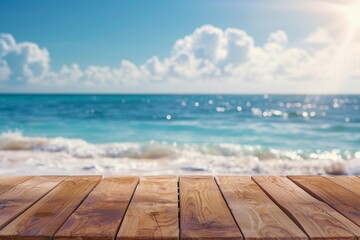 Wall Mural - Background of blurred sparkling sea water and summer sky with wood table top