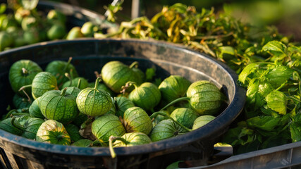 Wall Mural - Bowl of tomatillos harvested from a farm