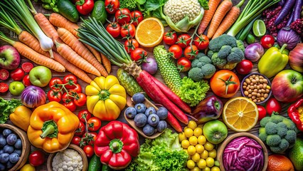 Poster - Vibrant and colorful assortment of fresh fruits and vegetables , produce, healthy, organic, market, assortment, colorful