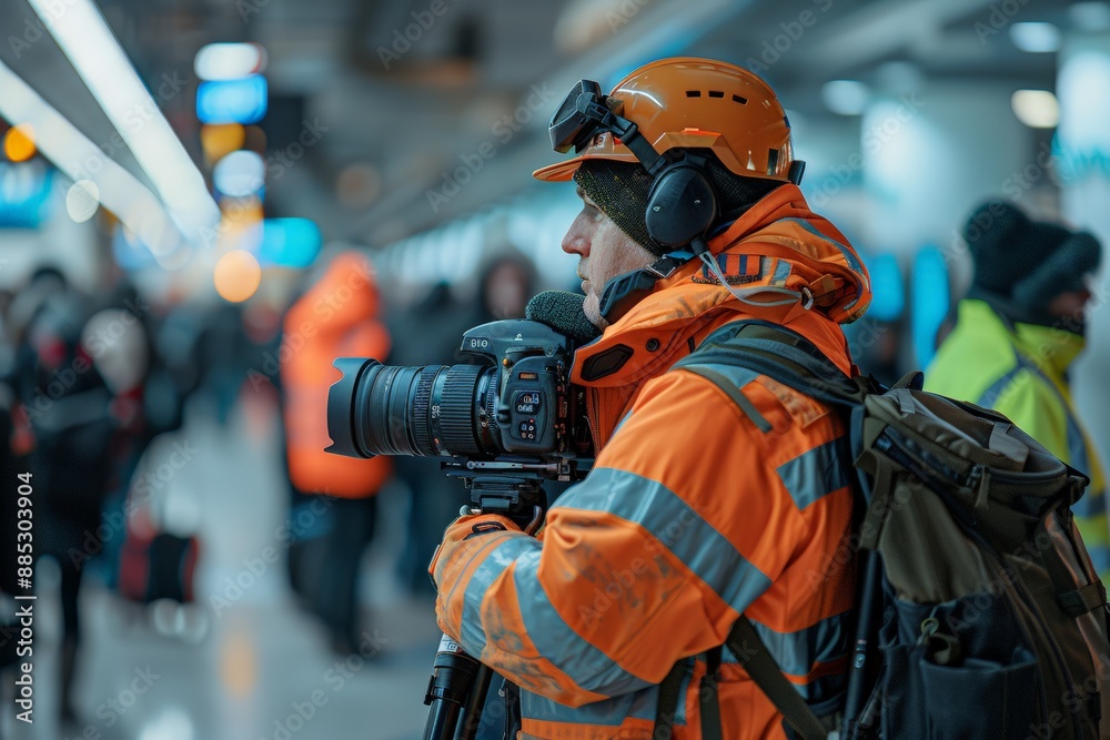 Health and safety inspector in orange helmet with camera equipment in ...