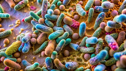 Canvas Print - Close-up of bacteria feeding on microscopic food particles, bacteria, microorganism, feeding, nutrition, digestion