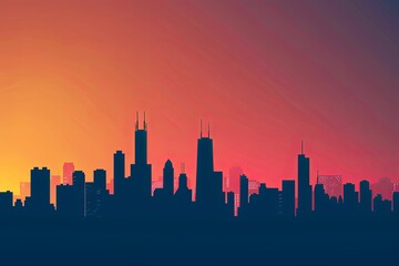 Poster - A minimalist silhouette of the Chicago skyline against a vibrant sunset sky. Generative AI