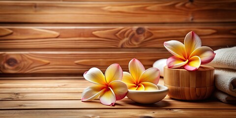 Canvas Print - Spa essentials with plumeria on wooden background in a sauna setting, spa, plumeria, wooden background, sauna