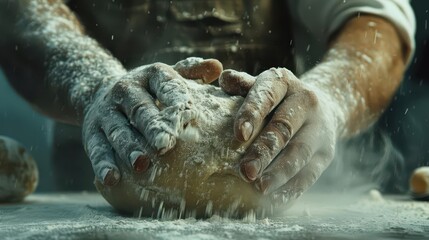 Wall Mural - culinary craftsmanship closeup of bakers flourdusted hands kneading dough conveying skill and passion in food preparation rich textures and warm tones