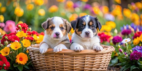 Canvas Print - Two adorable puppies sitting in a basket surrounded by colorful flowers, puppies, basket, flowers, adorable, cute, pets