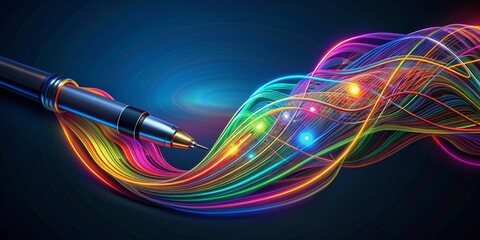 Vibrant digital pen entwined with swirling lines of colorful code, abstractly depicting the harmonious fusion of artificial intelligence in graphic design and illustration.