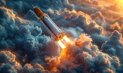 Wall Mural - a rocket that was launching produced smoke around it with the evening sky in the background