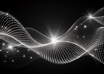 Poster - Dynamic abstract wave formation comprised of moving dots and lines illustrations a mesmerizing particle flow in a futuristic black and white vector technology backdrop.