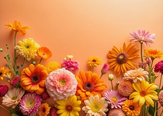 Wall Mural - vibrant summer flowers in shades of yellow, orange, and pink bloom against a soft, peach-pink backgr